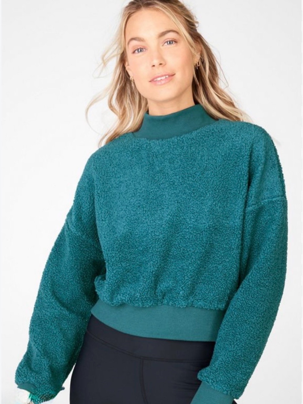 Fabletics Teal Fjord Malia Polar Fleece Cropped Mock Neck Pullover Size Small